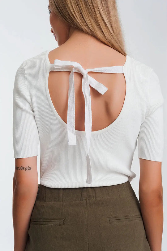 Rib knitted sweater with tie back in cream - Sweaters