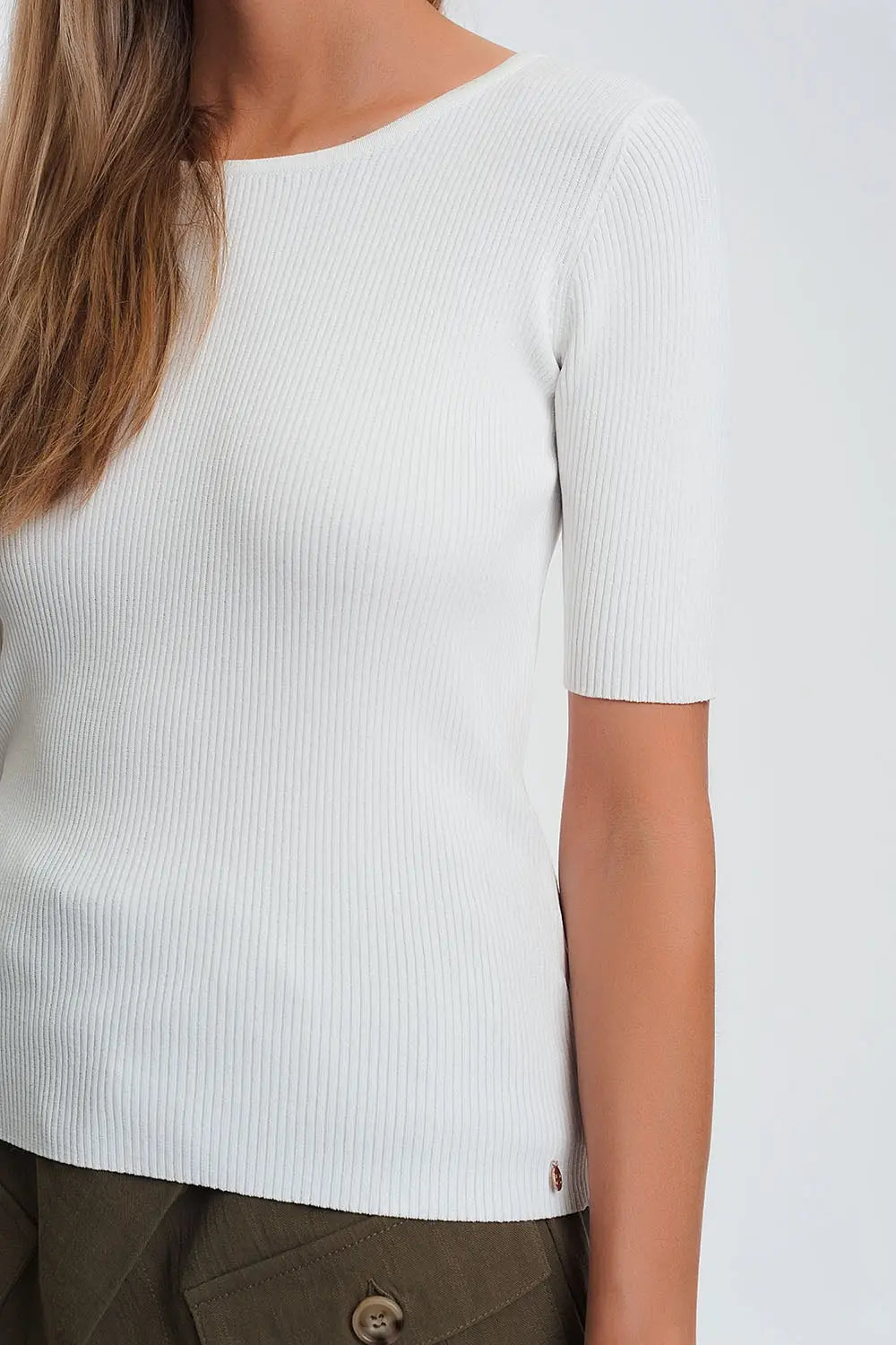 Rib knitted sweater with tie back in cream - Sweaters