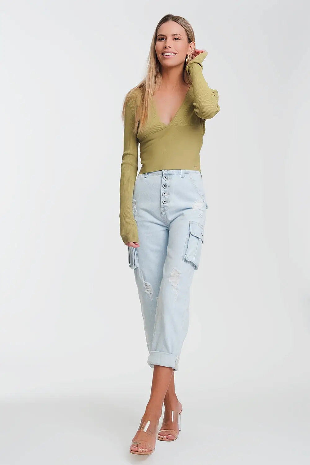 v neck ribbed sweater in green - Sweaters