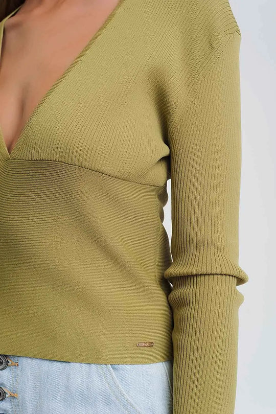 v neck ribbed sweater in green - Sweaters