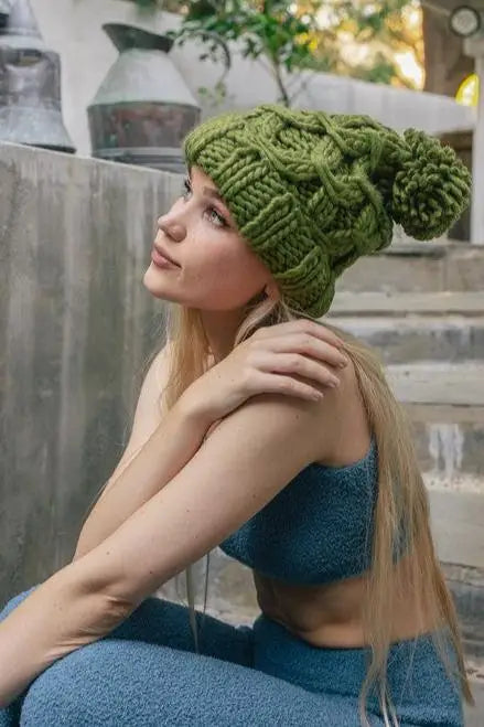 Oversized Chunky Knit Pom Beanie - Olive / One Size