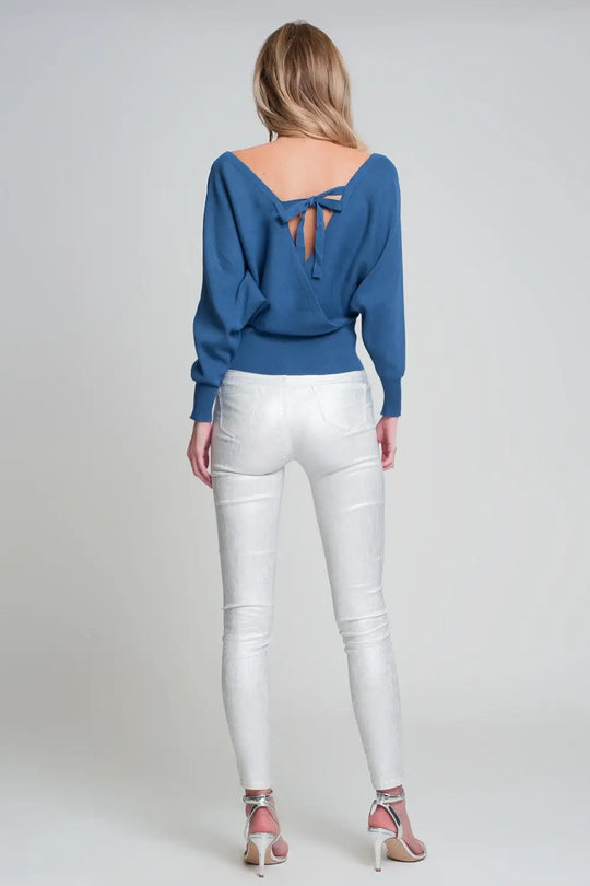 Knitted sweater with wrapped V-neck in blue - Sweaters