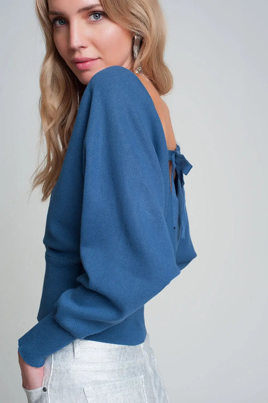 Knitted sweater with wrapped V-neck in blue - Sweaters