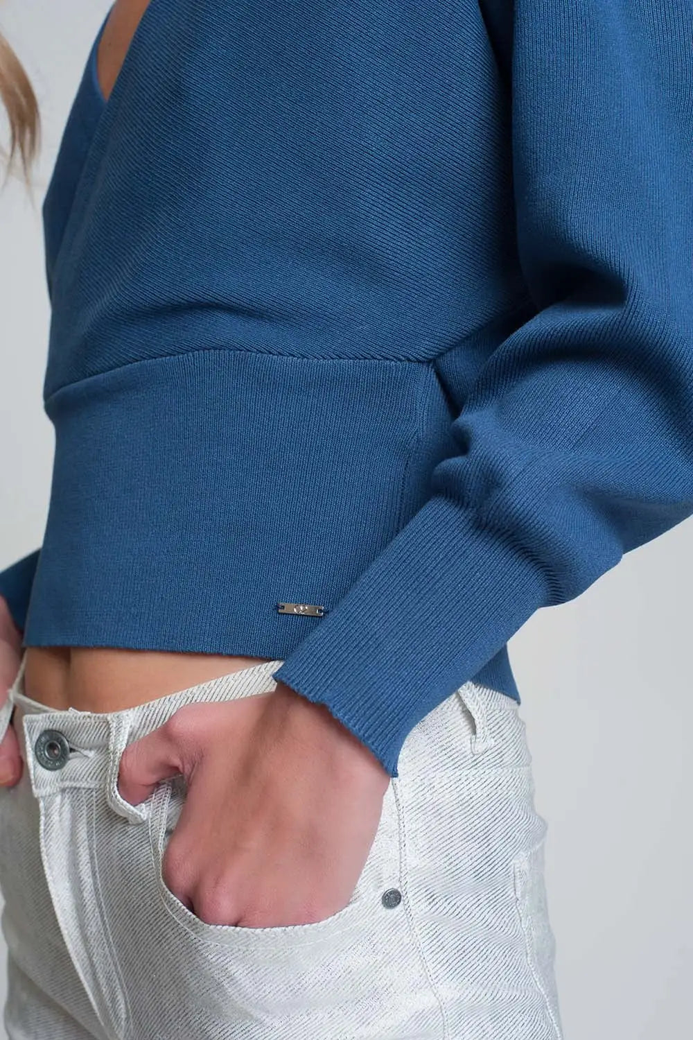 Knitted sweater with wrapped V-neck in blue - Sweaters