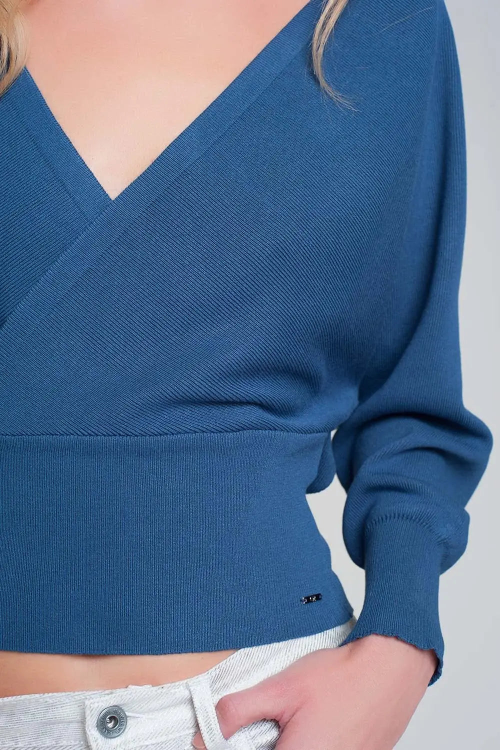 Knitted sweater with wrapped V-neck in blue - Sweaters