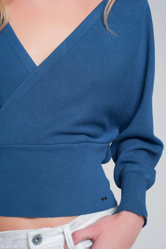 Knitted sweater with wrapped V-neck in blue - Sweaters