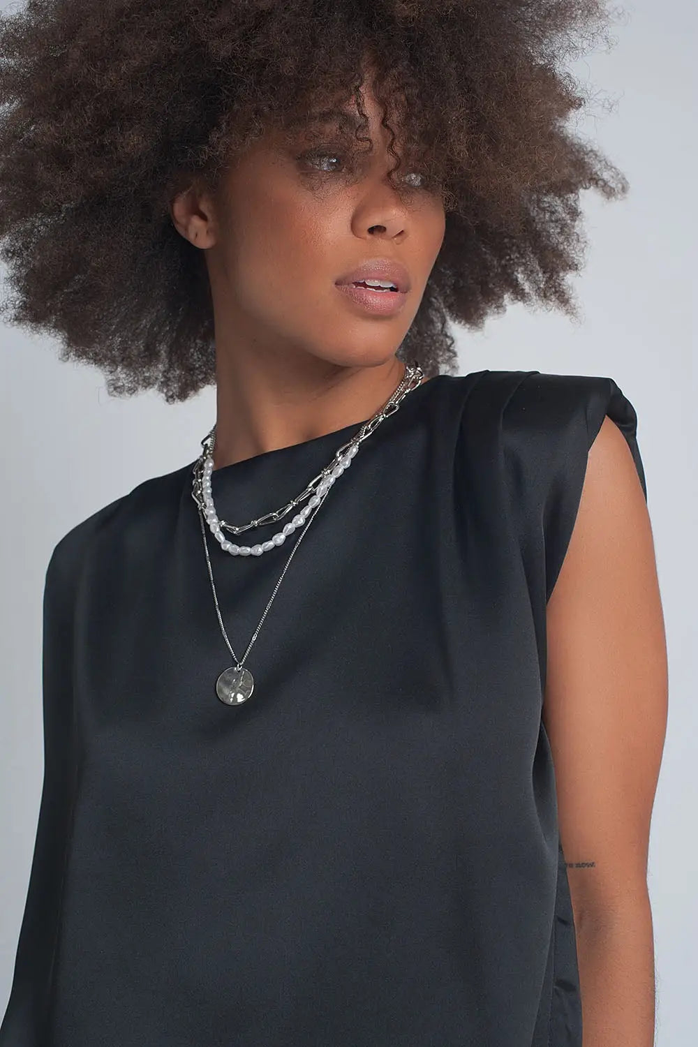 Gathered satin shoulder pad sleeveless top in black - Tops