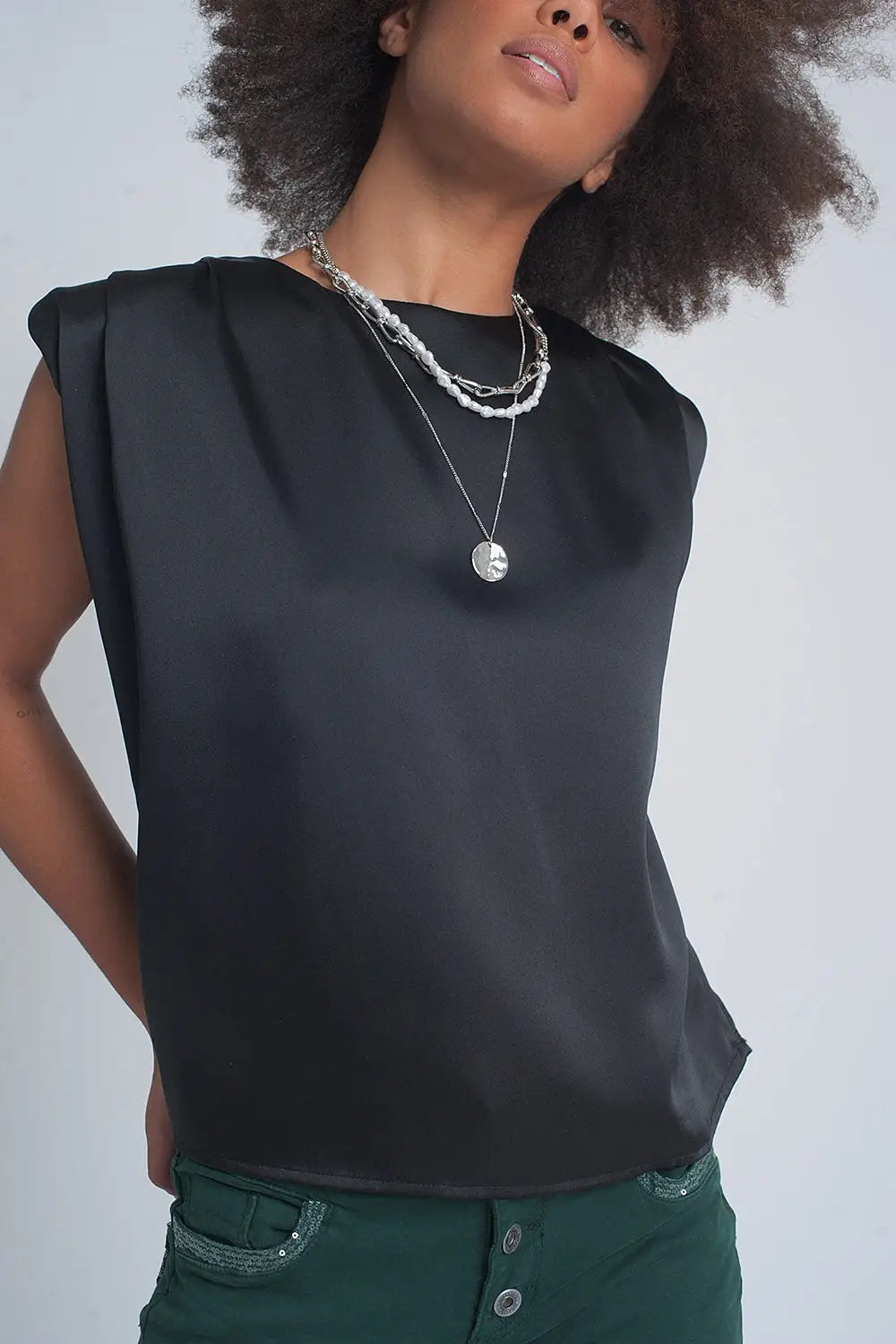 Gathered satin shoulder pad sleeveless top in black - Tops