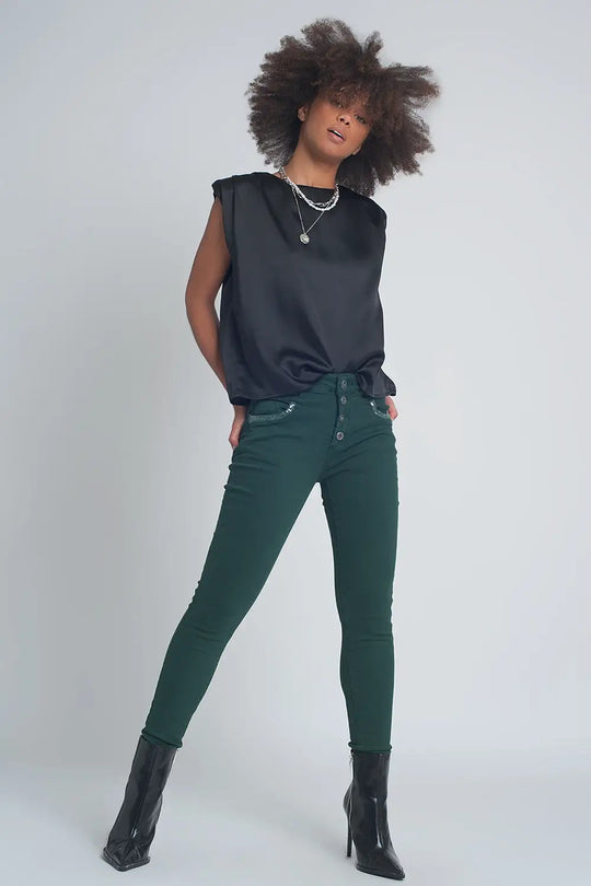 Gathered satin shoulder pad sleeveless top in black - Tops