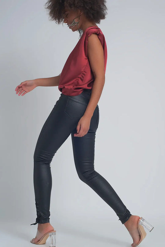 Black leather effect trousers with hem lace-up - Pants