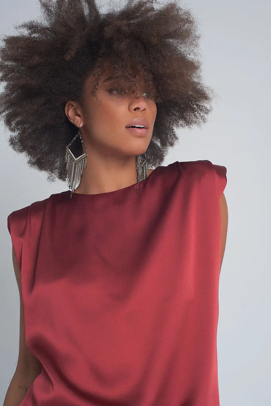 Gathered satin shoulder pad sleeveless top in red - Tops