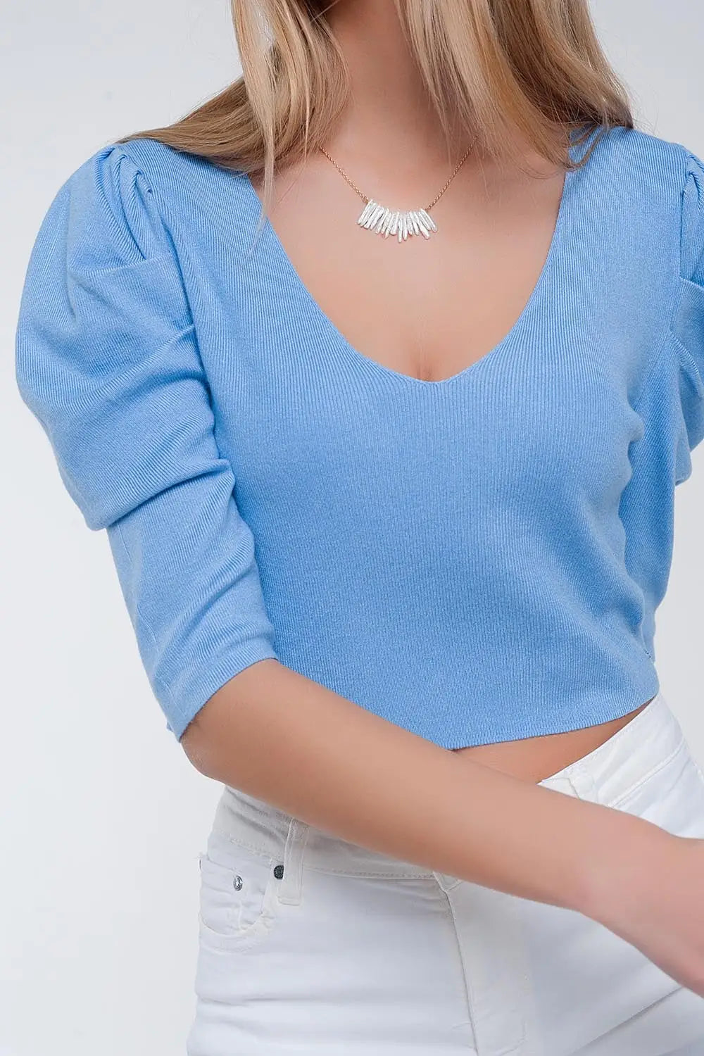 Sweater with short puff sleeves in blue - Sweaters