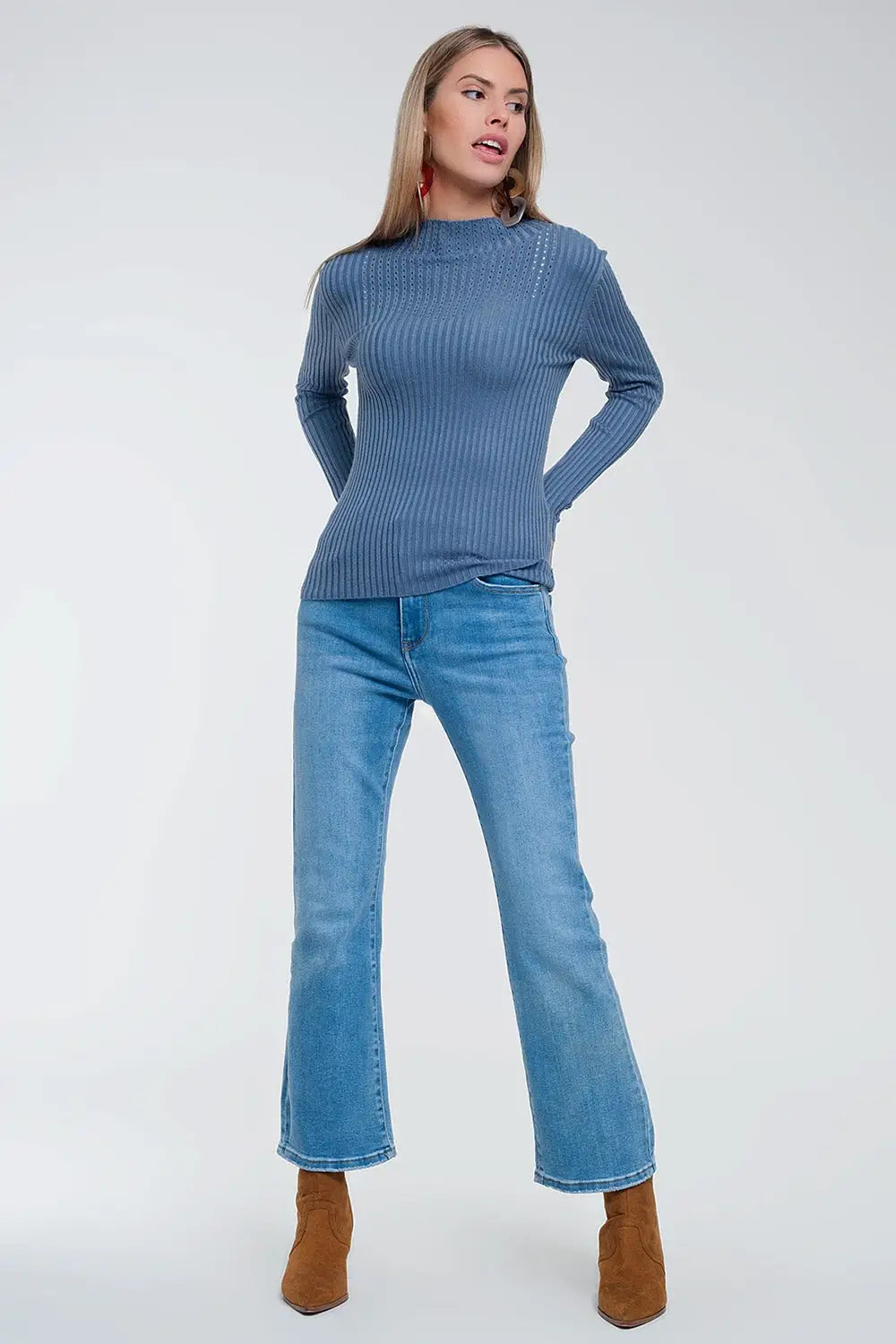 Ribbed jumper with high neck in blue - Sweaters