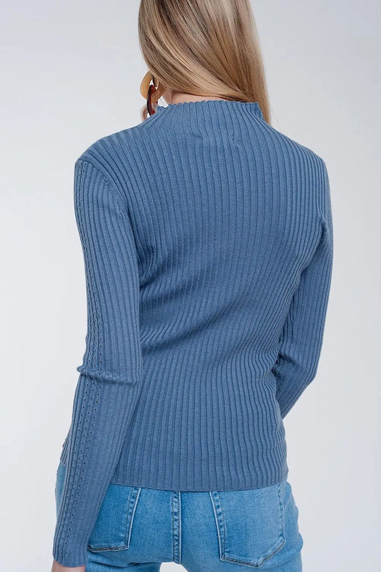 Ribbed jumper with high neck in blue - Sweaters