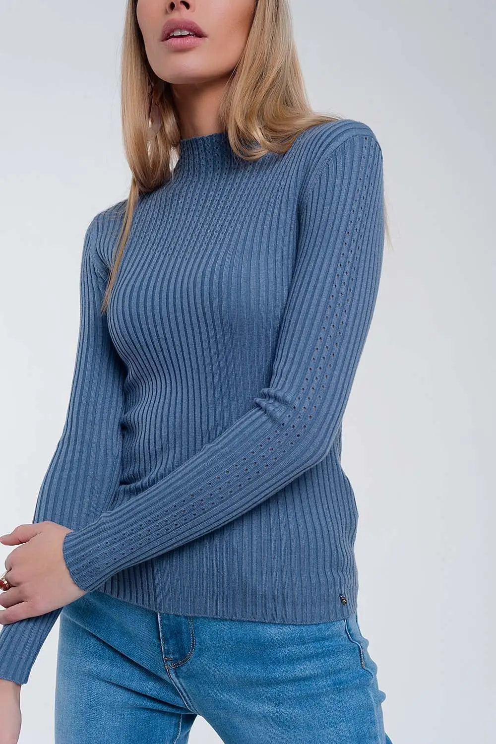 Ribbed jumper with high neck in blue - Sweaters