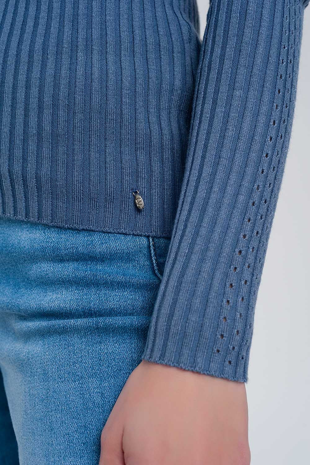 Ribbed jumper with high neck in blue