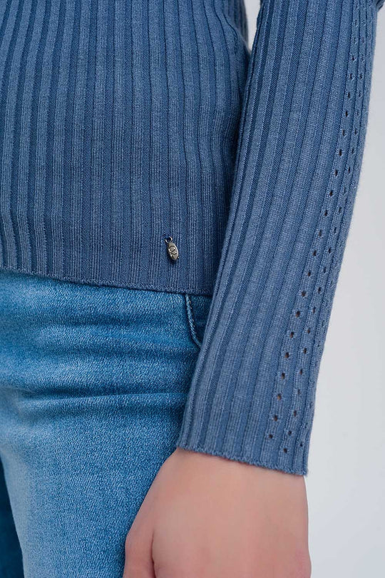 Ribbed jumper with high neck in blue