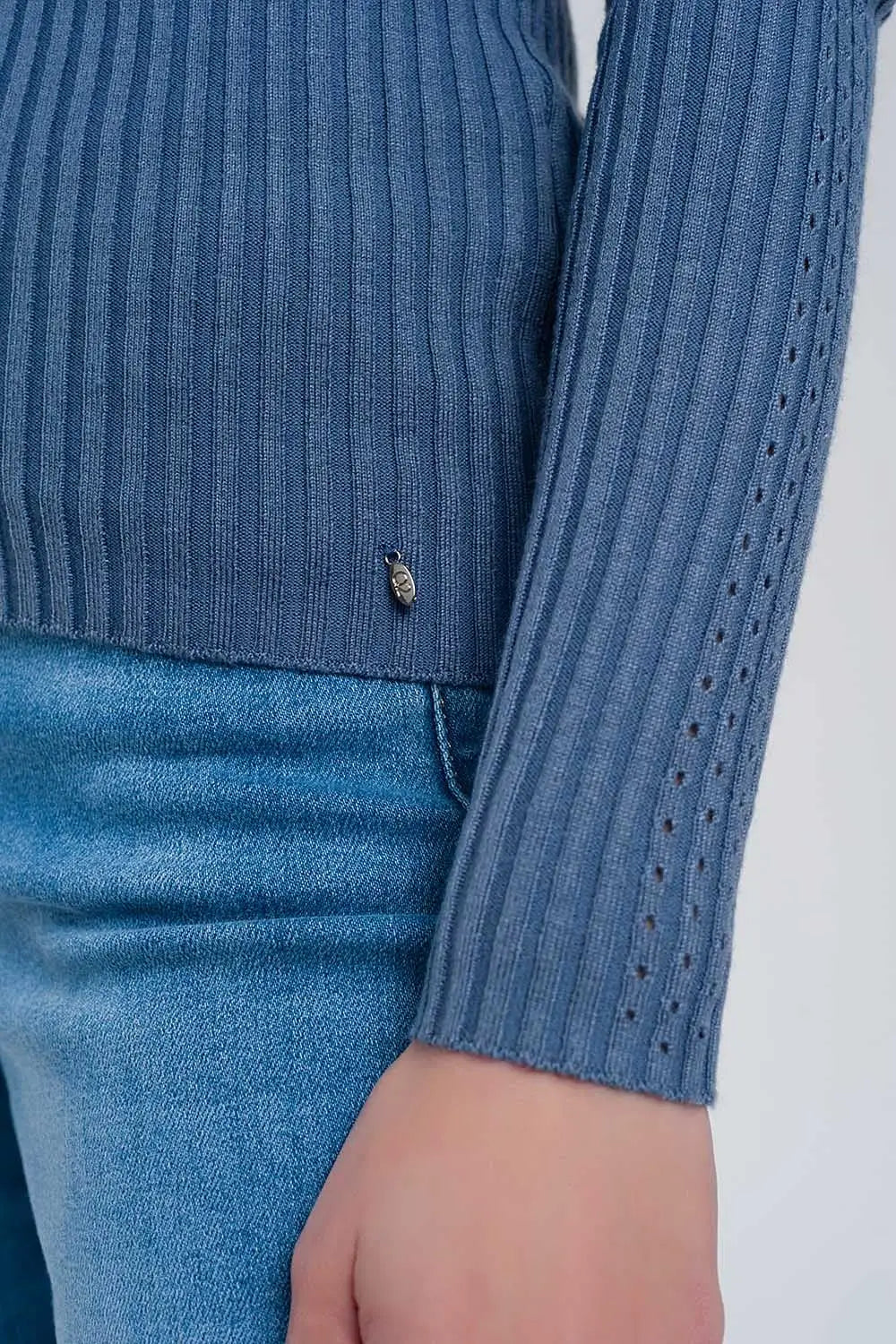 Ribbed jumper with high neck in blue - Sweaters
