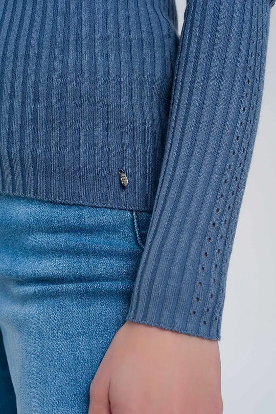 Ribbed jumper with high neck in blue - Sweaters