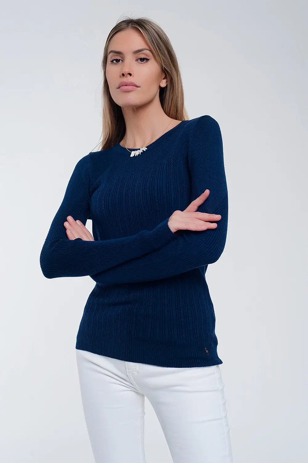 Crew neck ribbed sweater in navy - Sweaters