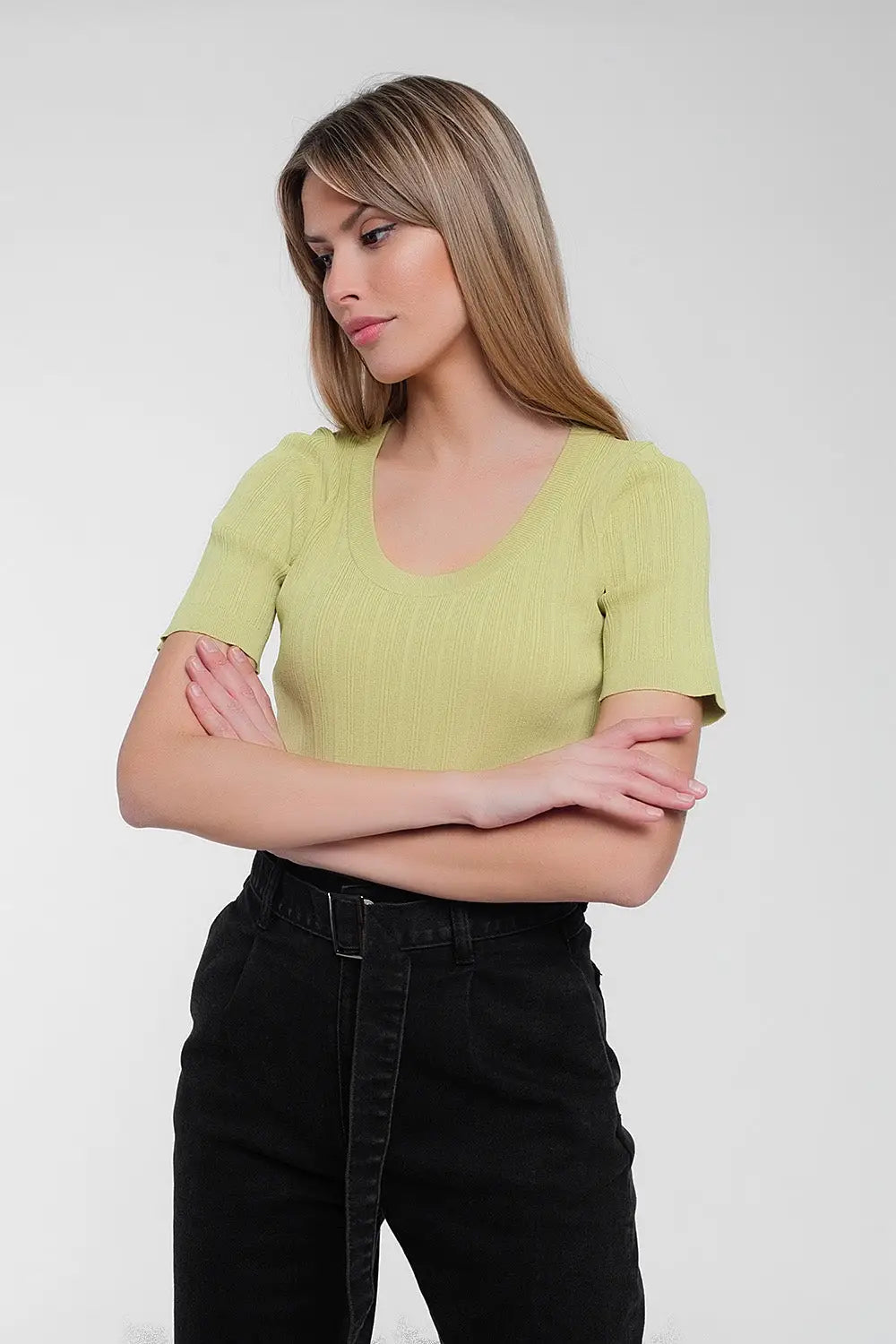 Scoop neck jumper with short sleeve in green - Sweaters