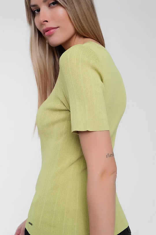Scoop neck jumper with short sleeve in green - Sweaters