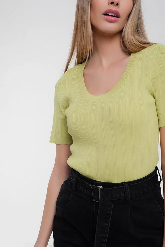 Scoop neck jumper with short sleeve in green - Sweaters