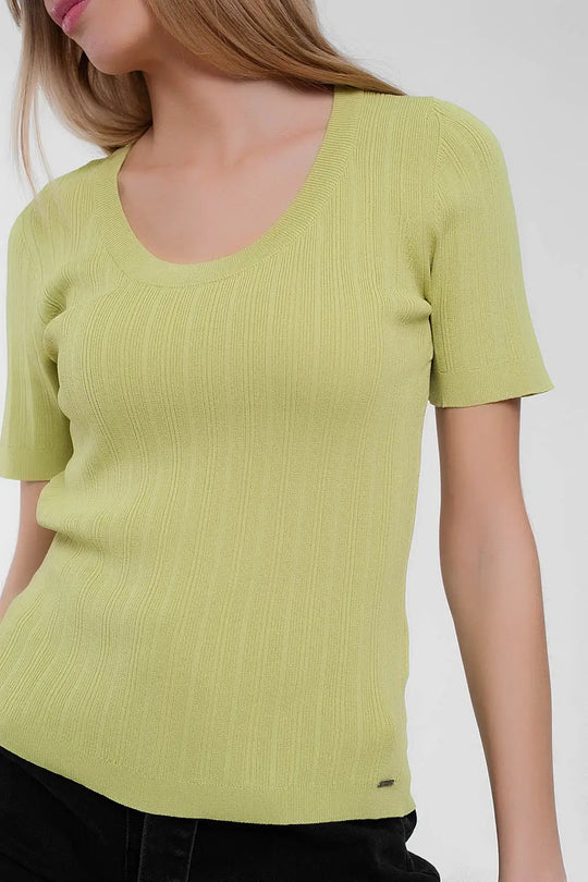 Scoop neck jumper with short sleeve in green - Sweaters