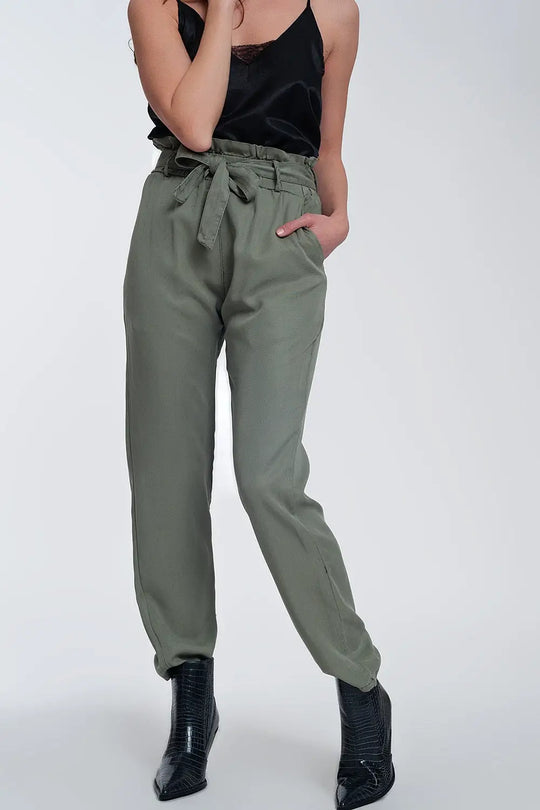 Pants with tie waist in green - Pants