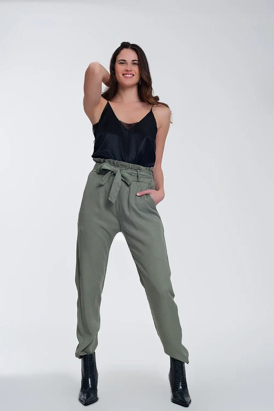 Pants with tie waist in green - Pants