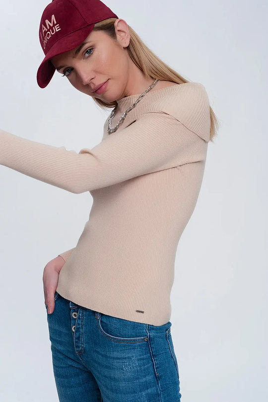 Rib bardot jumper in beige - Sweaters