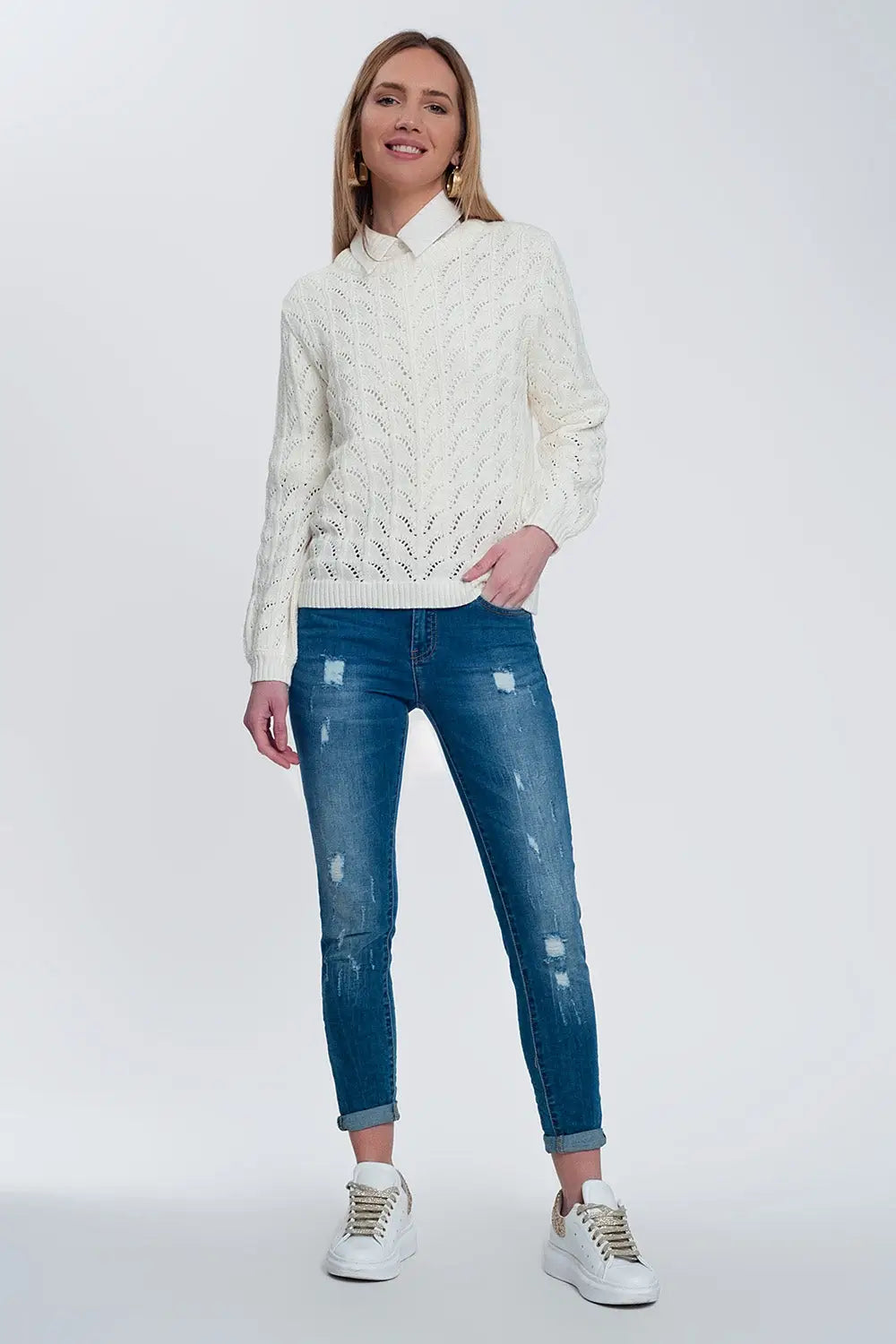 Crochet jumper in cream - Sweaters