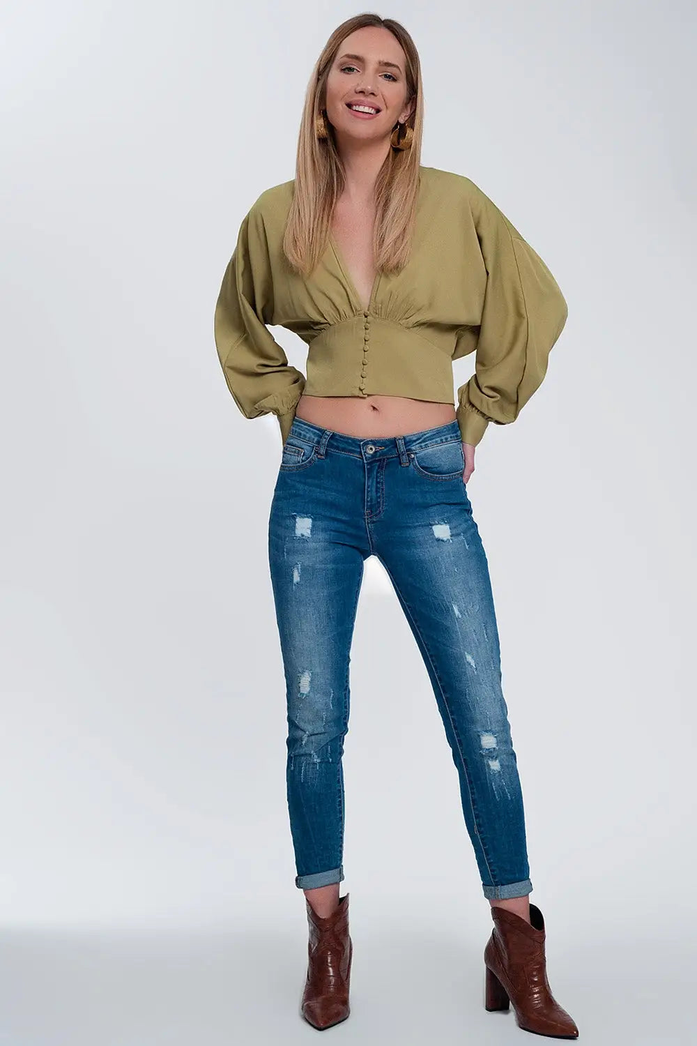 Top with puff sleeves in green - Shirts Tops