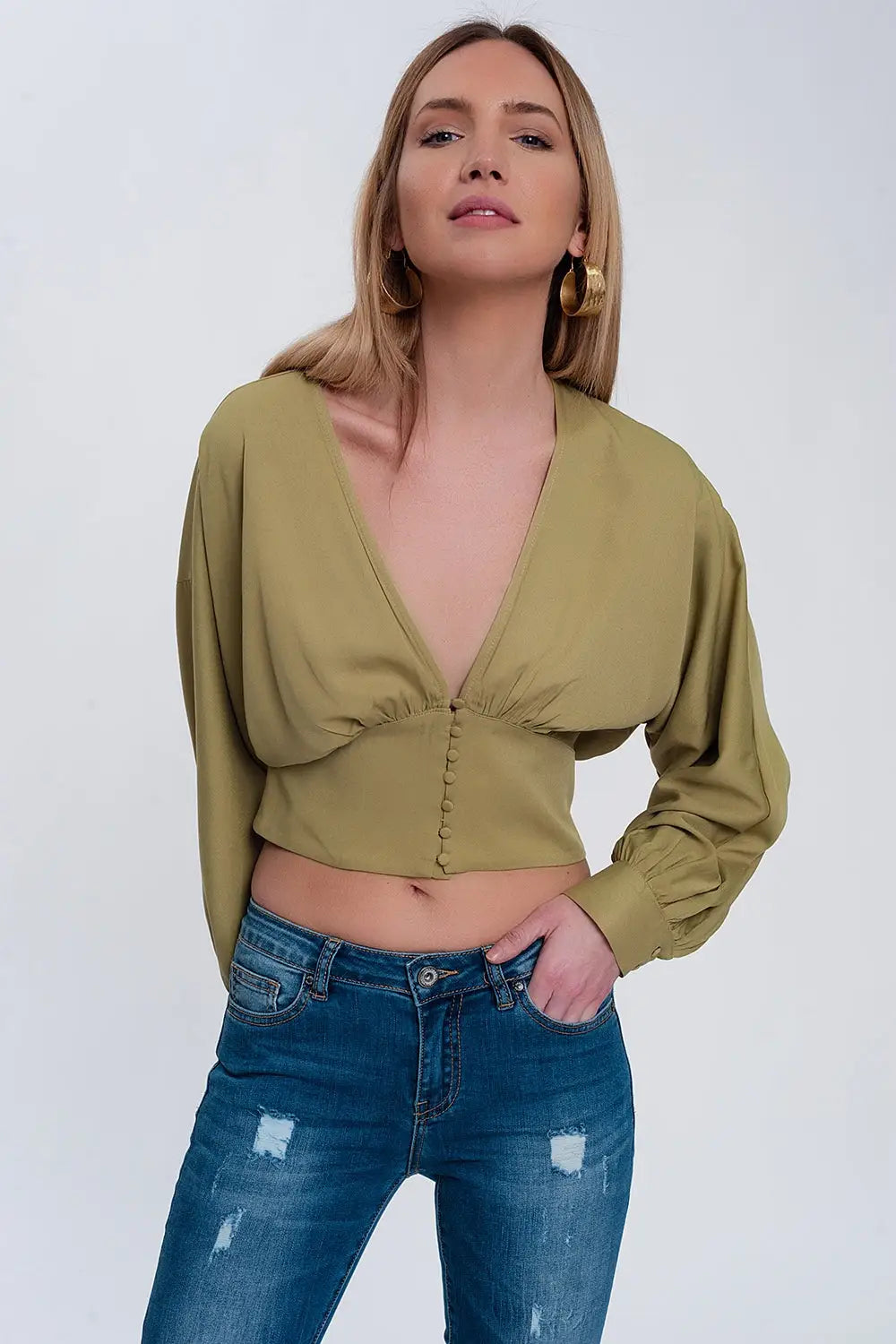 Top with puff sleeves in green - Shirts Tops