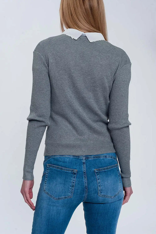 Fitted jumper in gray rib knit - Sweaters