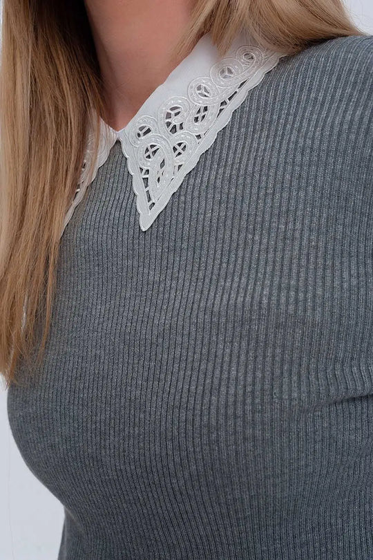 Fitted jumper in gray rib knit - Sweaters