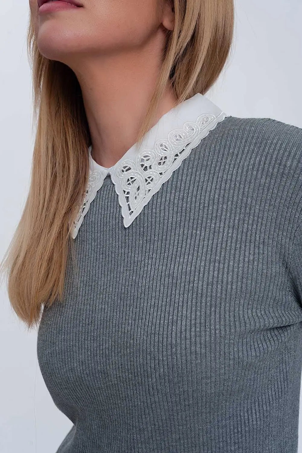 Fitted jumper in gray rib knit - Sweaters