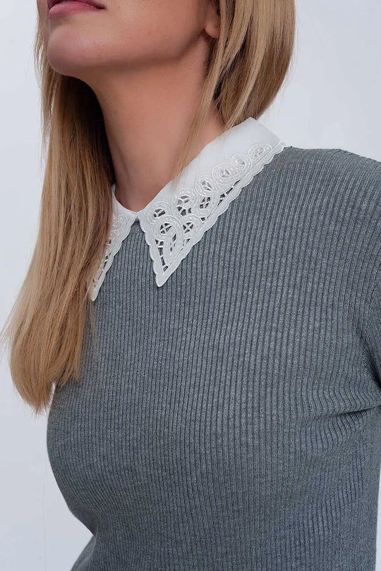 Fitted jumper in gray rib knit - Sweaters