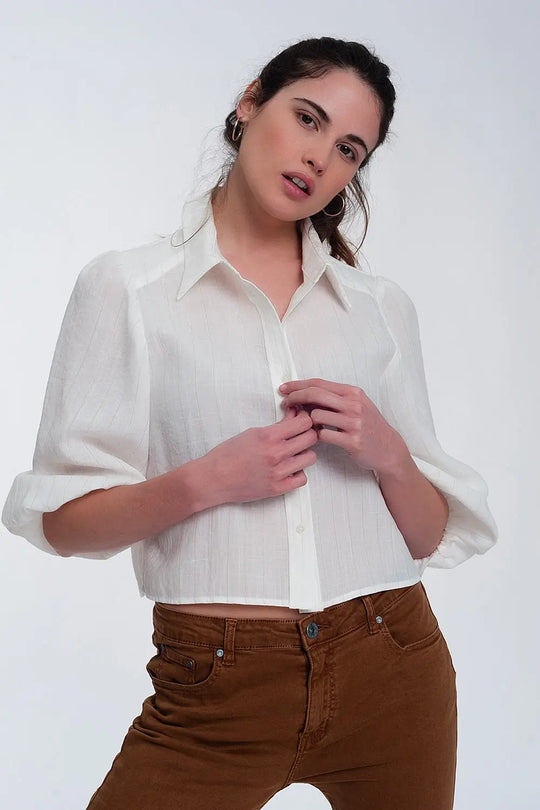 Cropped shirt with puff sleeve in cream - Shirts