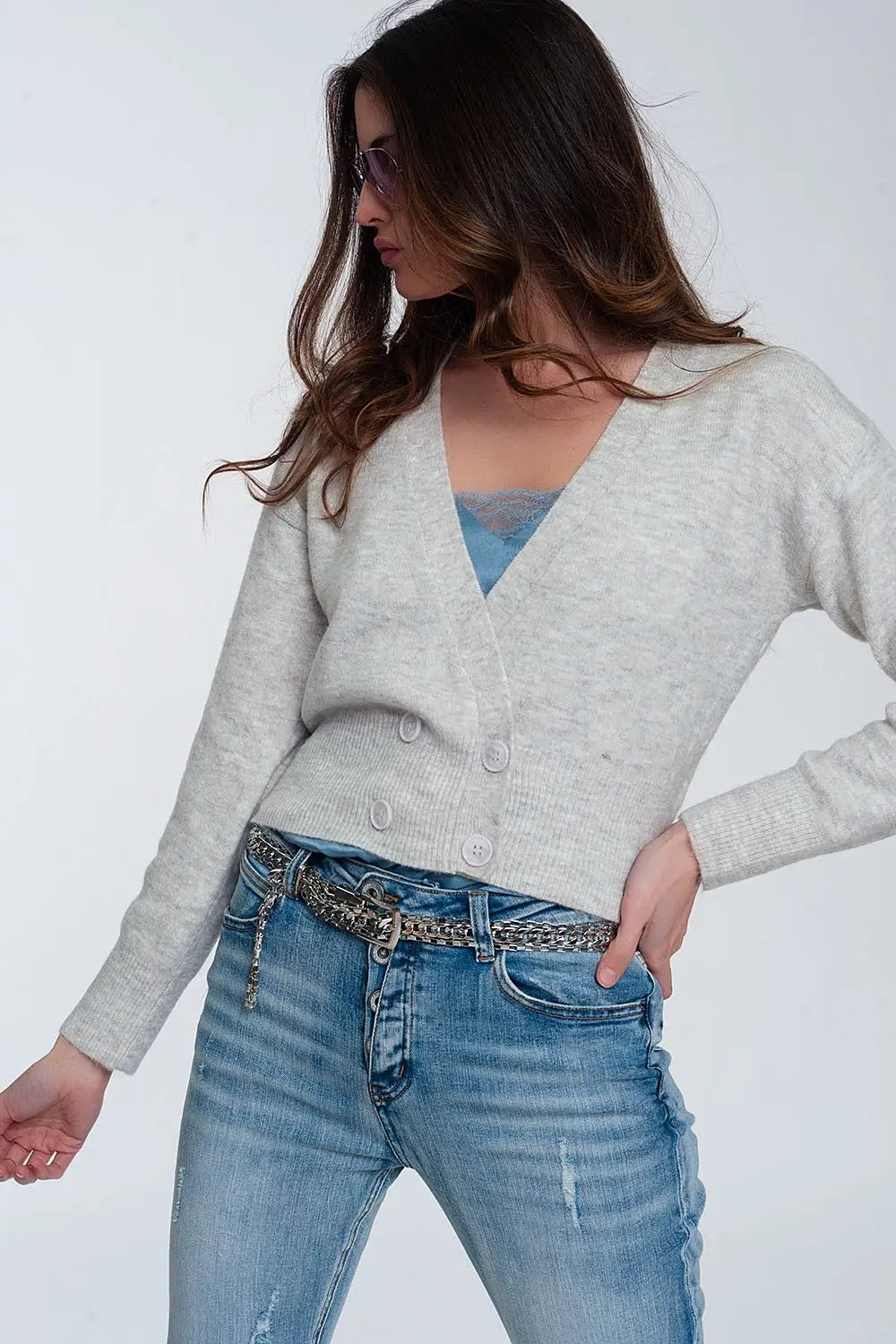Button front cropped knit cardigan in light gray - Cardigans