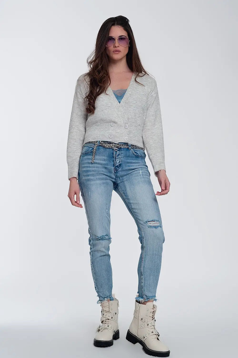 Button front cropped knit cardigan in light gray - Cardigans