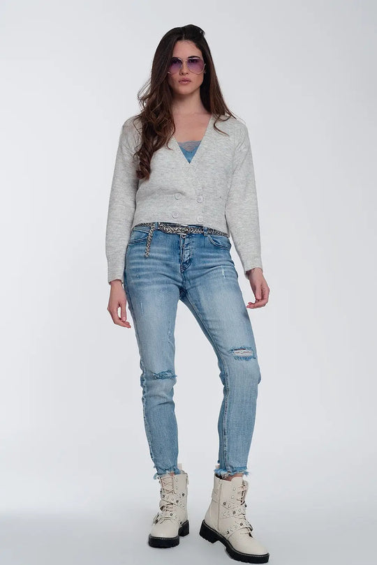 Button front cropped knit cardigan in light gray - Cardigans