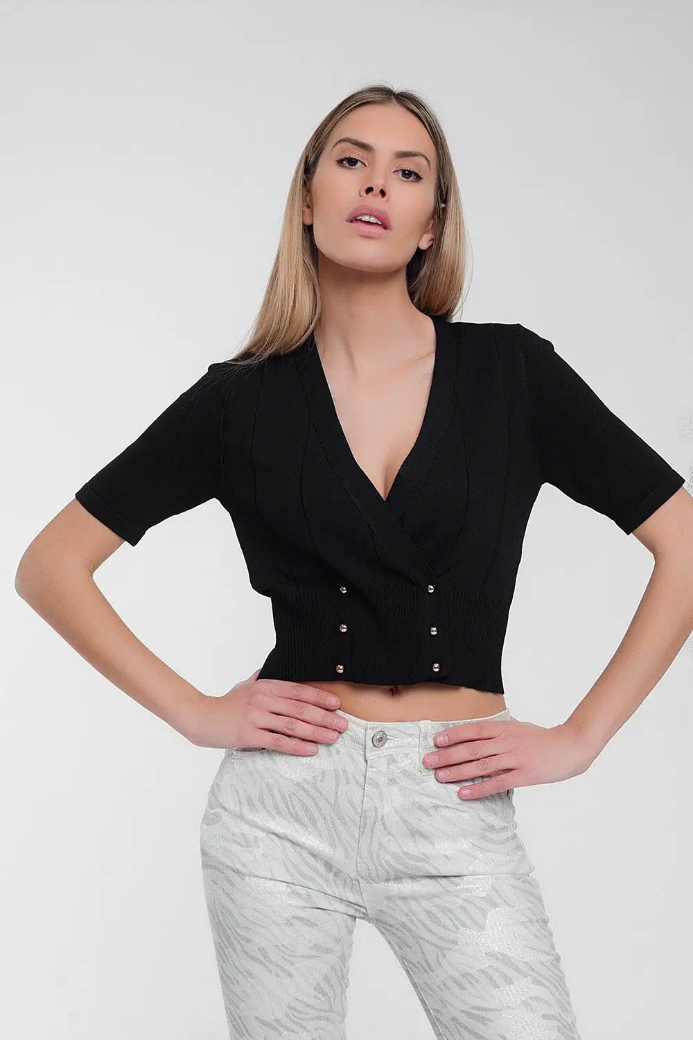 knit button through cardi top in black - Sweaters
