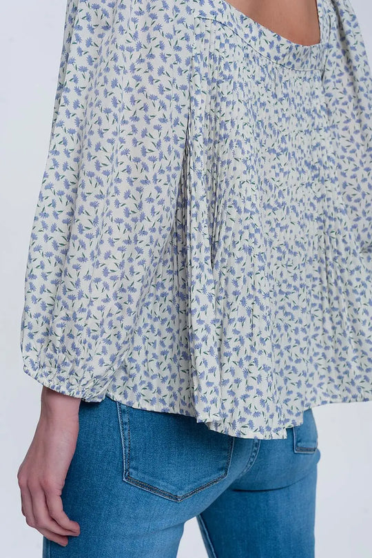 puff sleeve top with square neck in blue floral print - Tops