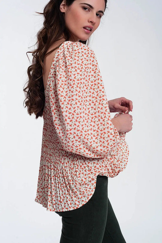 puff sleeve top with square neck in coral floral print - Tops