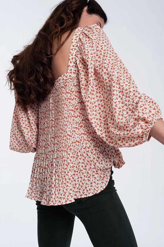puff sleeve top with square neck in coral floral print - Tops