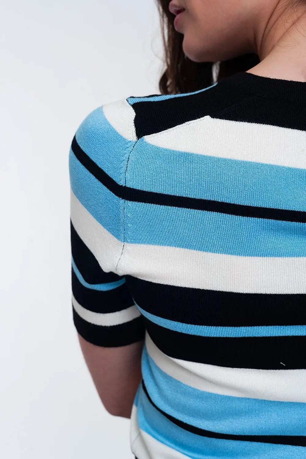 Crew neck boxy jumper with multi stripes in blue - Sweaters