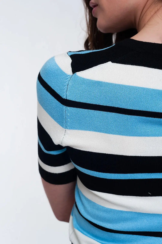 Crew neck boxy jumper with multi stripes in blue - Sweaters