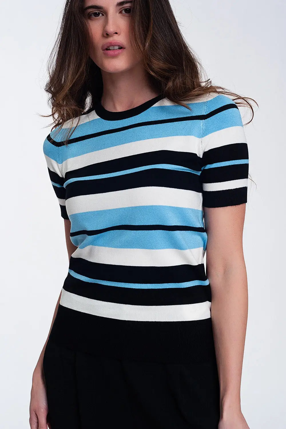 Crew neck boxy jumper with multi stripes in blue - Sweaters