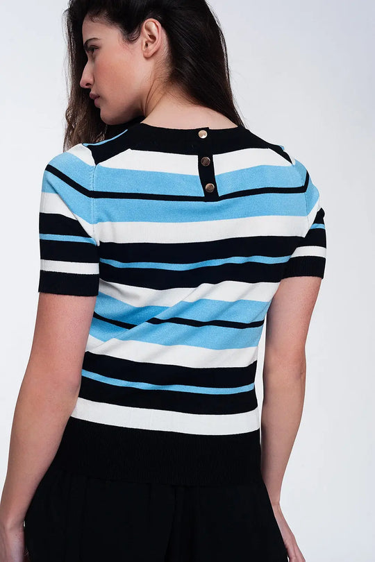 Crew neck boxy jumper with multi stripes in blue - Sweaters